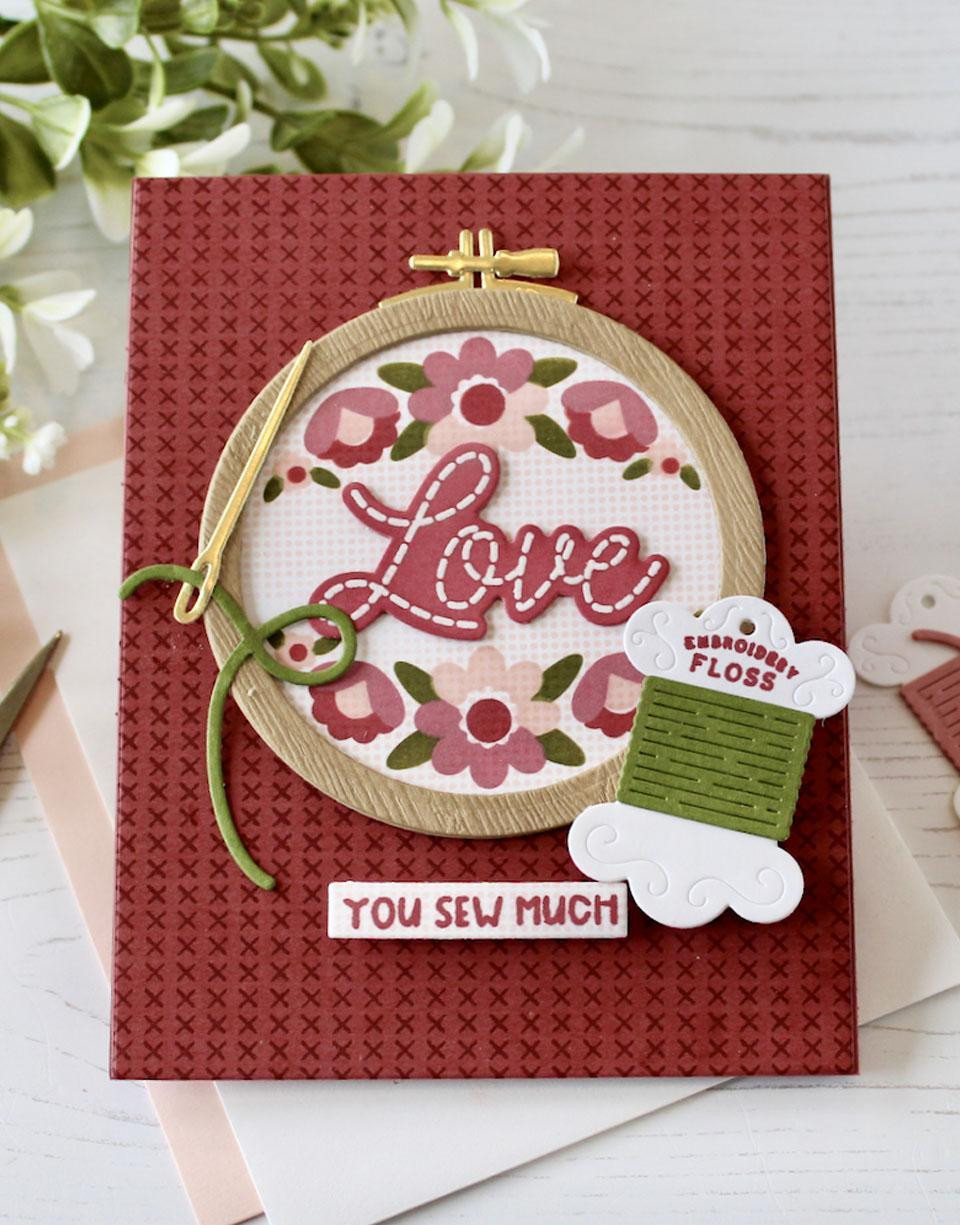 Handmade greeting card with embroidery on it and love you sew much sentiment on it.
